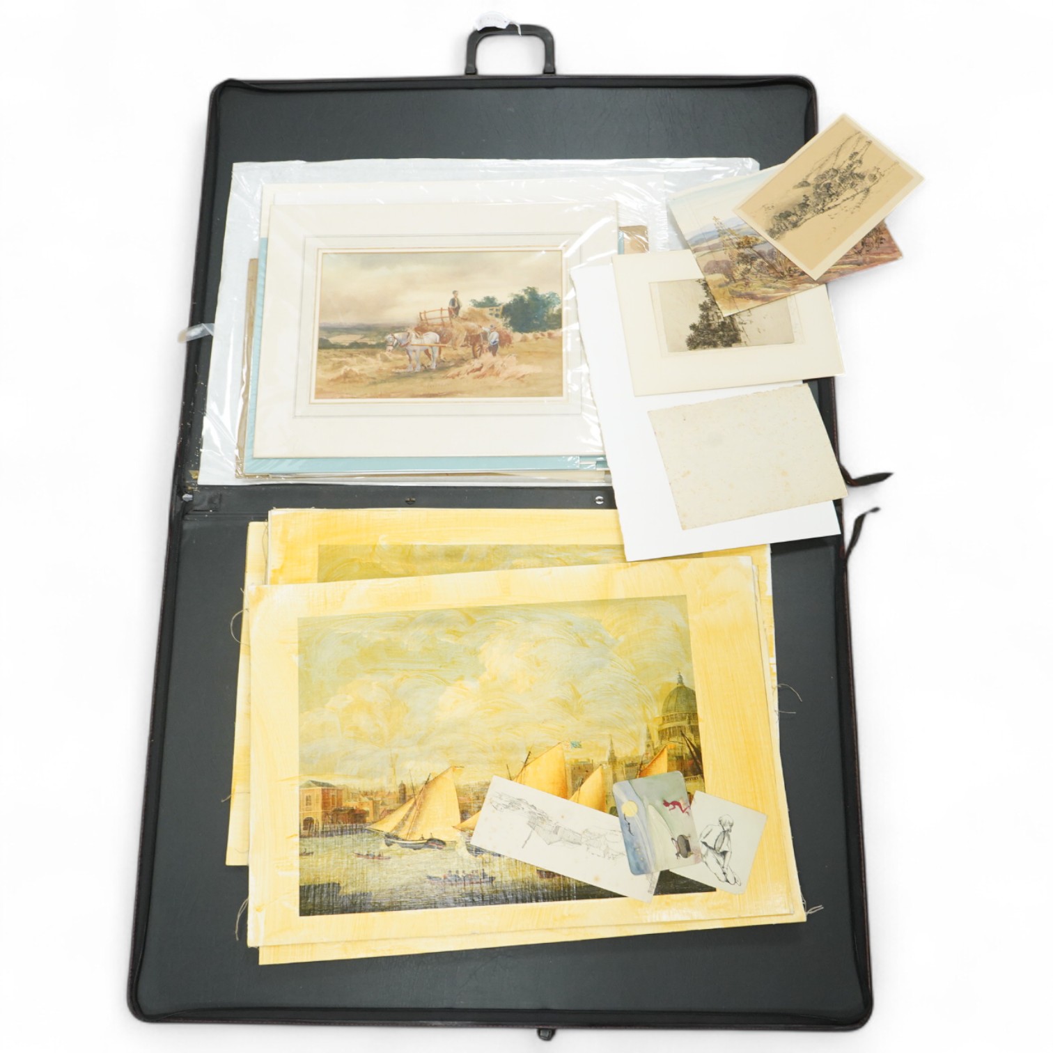 A large collection of watercolours, sketches and prints to include four works by J H Powell, maritime interest scenes, each signed, various 19th century and later watercolours and a set of maritime interest oleographs on